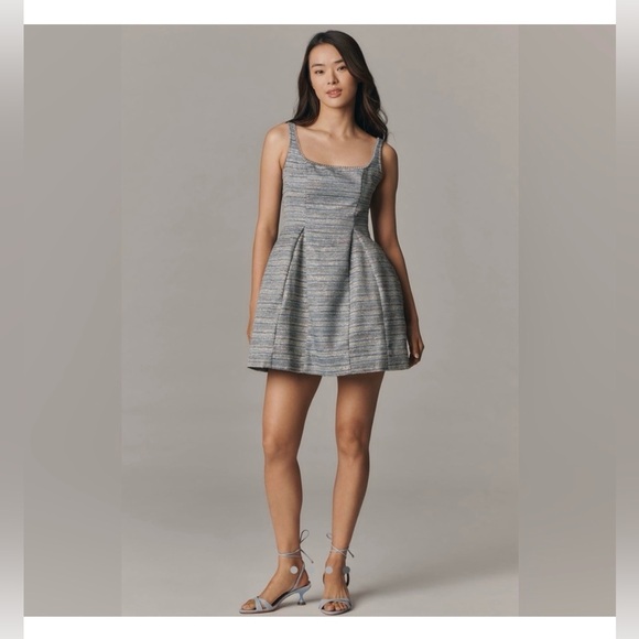 ANTHROPOLOGIE TWEED SLEEVELESS BLUE MOTIF MINI DRESS SIZE 6/8 NWT - Picture 2 of 12